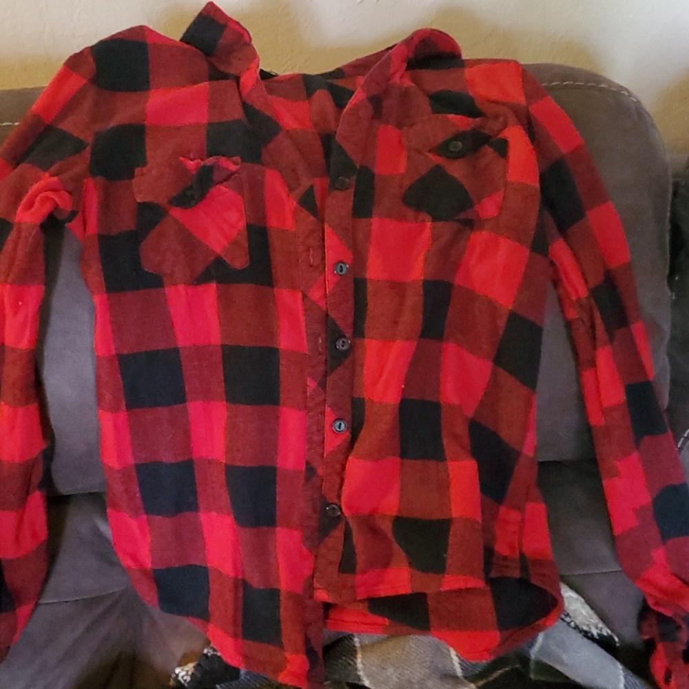 Red and black play button up shirt
